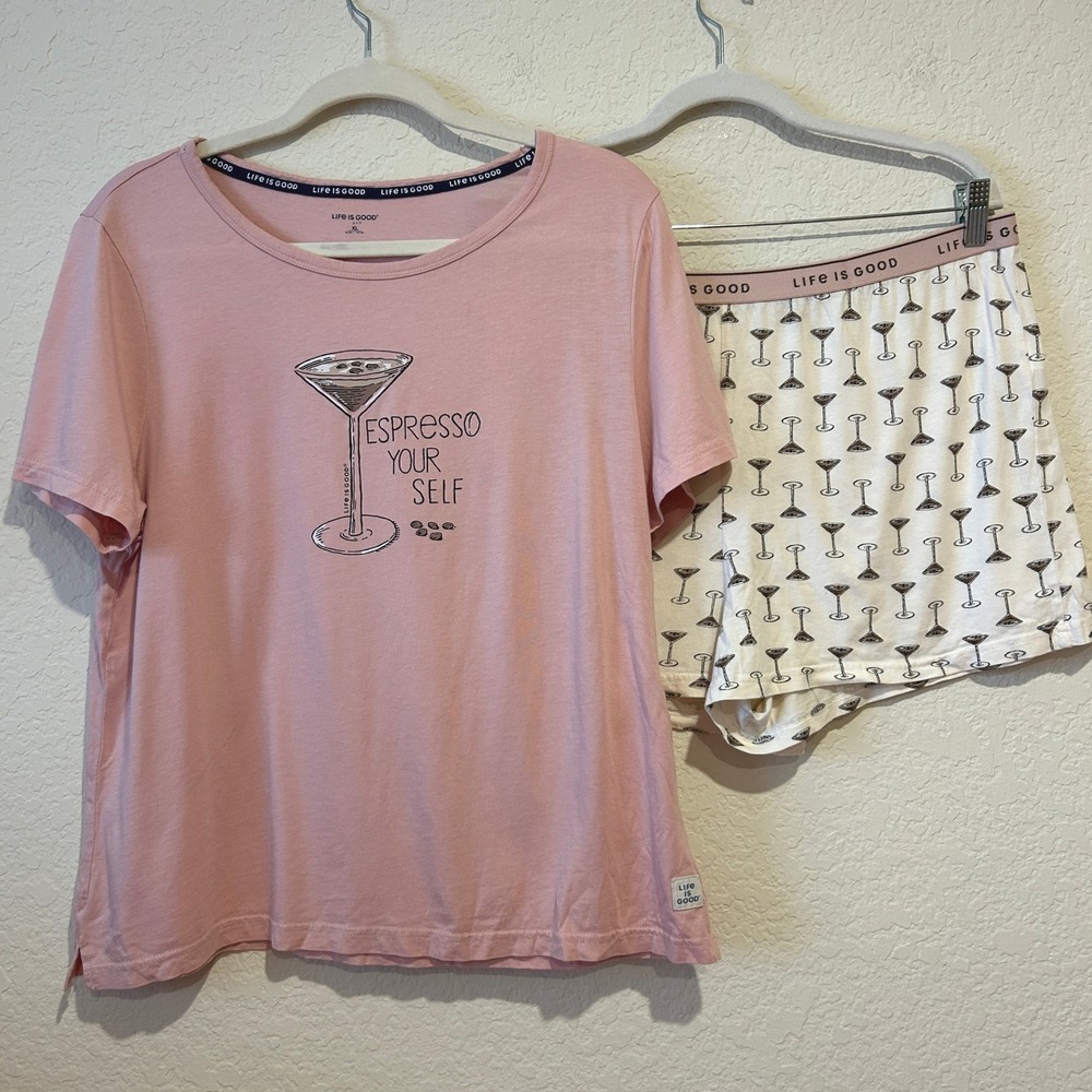 Life is Good Womens Pajama Set XL Pink Espresso Your‎ Self Martini Graphic PJs